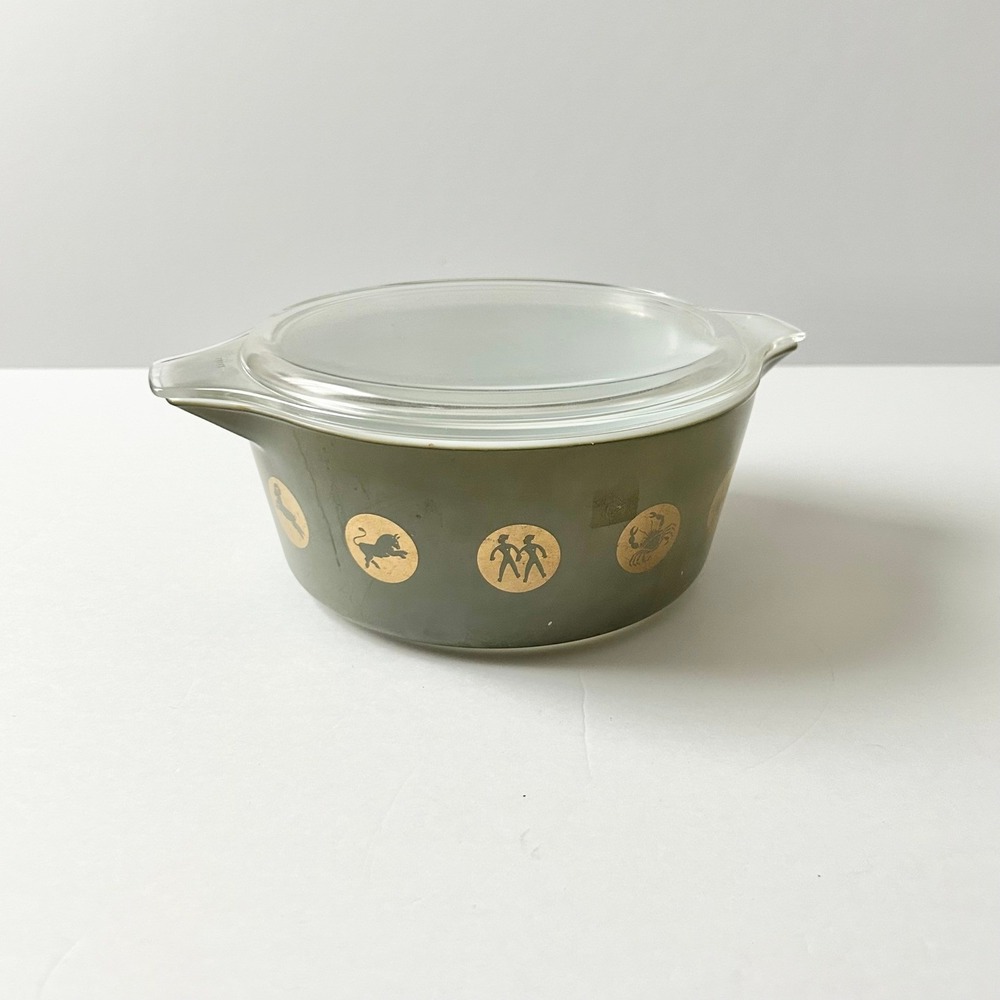 Vintage Pyrex Zodiac Casserole Dish 473 Olive Green Gold 1960s MCM with Lid